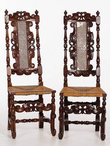 4419861: Pair of Jacobean Stained Beechwood Rush-Seat Side
 Chairs, 17th Century H7KBJ