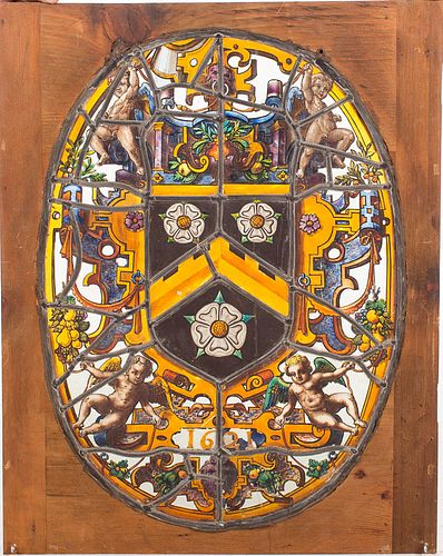 4419866: English Armorial Stained Glass Panel, Dated 1621 H7KBF