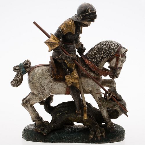 4419887: St. George and the Dragon Polychrome Painted Wood
 Sculpture, 19th Century or Later H7KBL
