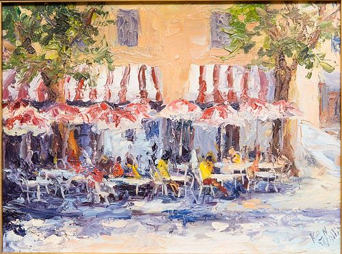 4368434: Ken Wallin (American, 20th C), Parisian Street
 Scene Sidewalk Cafe, Oil on Canvas
C8GAL