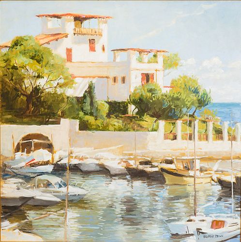 4368436: Katherine Brown (Georgia, b. 1948), Seaside Villa
 with Boats, Oil on Canvas C8GAL