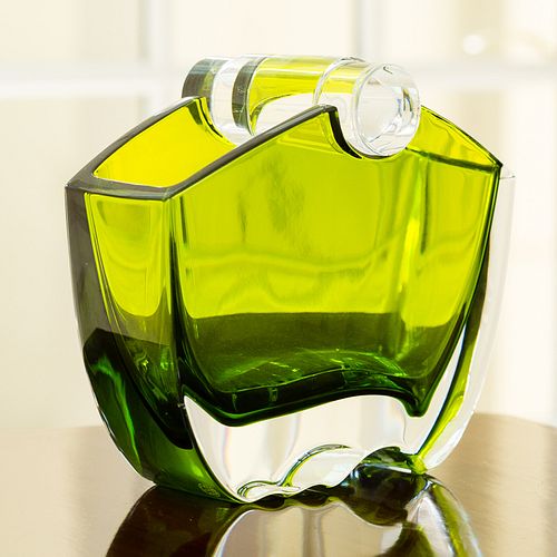 4368446: Baccarat Basket-Form Green and Clear Glass Vase C8GAF