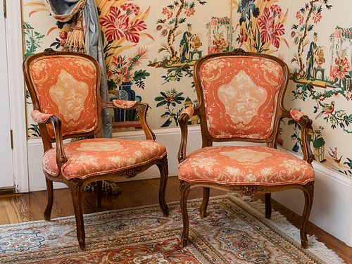 4368462: Pair of Louis XV Style Walnut Open Armchairs, 19th century C8GAJ