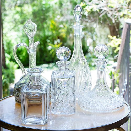 4368490: 5 Cut and Molded Glass Decanters Including Baccarat and Waterford C8GA`F