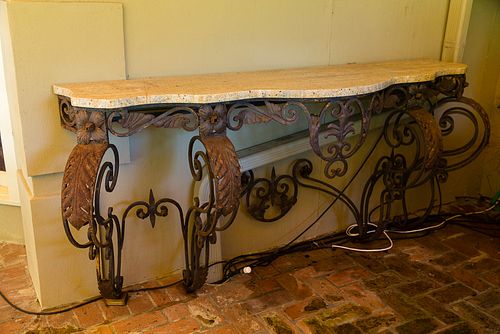 4368511: Wrought Iron Marble Top Console Table, 20th Century C8GAB