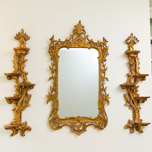 4368531: George III Style Giltwood Mirror and Pair of Wall
 Brackets, 20th Century C8GAJ