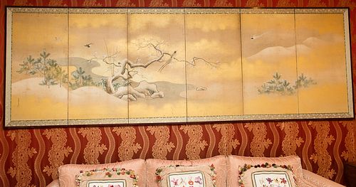 4368545: Japanese Six-Panel Painted Screen Decorated with Winter Scene C8GAC