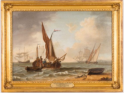 4419929: Thomas Yates (British, c. 1760-1796), Dutch Fishing
 Craft in an Estuary, Oil on Canvas T8KBL