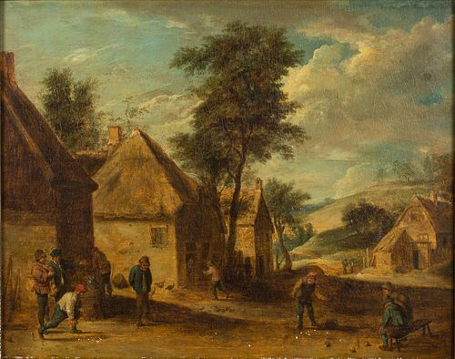 4419961: After David Teniers the Younger (Flemish, 1610-1690),
 Peasants Playing Skittles, Oil on Canvas T8KBL