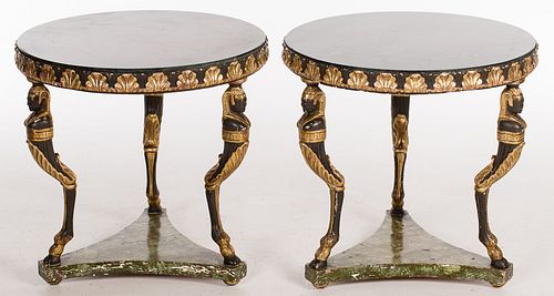 4419999: Pair of Egyptian Revival Circular Painted Marble Top Side Tables T8KBJ