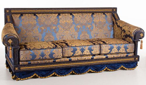 4420004: Blue and Gold Silk Damask and Velvet Upholstered Three-Cushion Sofa T8KBJ