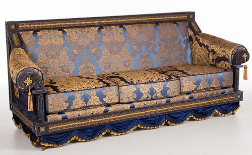 4420021: Blue and Gold Silk Damask and Velvet Upholstered Three-Cushion Sofa T8KBJ