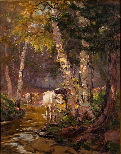 4420023: George Newell (American, 1870-1947), Cows in a
 Wooded Landscape, Oil on Canvas T8KBL