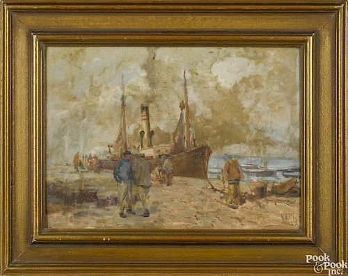 Howard Ellis (American 1883-1962), oil on board harbor scene, signed lower right and dated '28