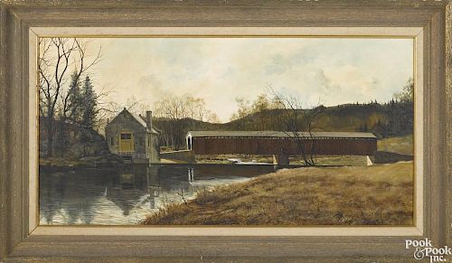 Dennis Minch (Pennsylvania 20th c.), oil on canvas landscape with a covered bridge, signed