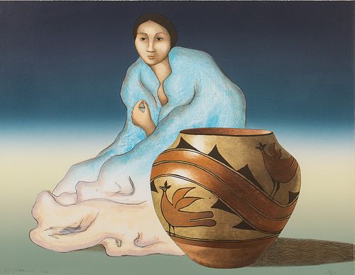 4420032: R.C. Gorman (NM/AZ/CA, 1932-2005), Woman Seated
 Behind a Decorated Bowl, Lithograph, 1982 T8KBO