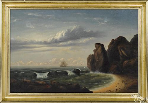 Attributed to Thomas Chambers (American 1808-1866/9), oil on canvas coastal scene, 24'' x 36''.