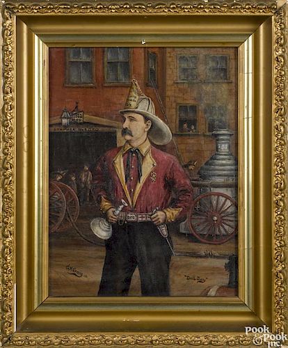 Oil on canvas portrait of a firefighter, titled Drill Day, signed G. H. Craig lower left