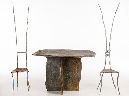 4420064: Contemporary Slate Table and 2 Iron and Slate Side Chairs T8KBJ