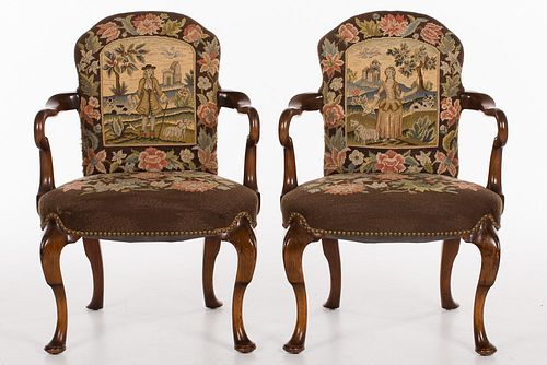 4420071: Pair of George I Style Walnut Open Armchairs with
 Needlepoint Upholstery, 20th Century T8KBJ