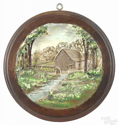 Aaron K. Zook (Pennsylvania 20th c.), set of four dioramas of the seasons, all signed, 9'' dia.