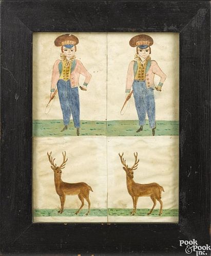 Pennsylvania watercolor drawing of a young boy and stag, 19th c., 8 1/2'' x 6 1/2''.
