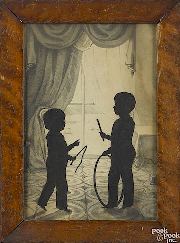 Auguste Edouart (American/French 1789-1881), silhouette of two boys with a riding crop and hoop