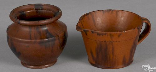 Pennsylvania redware sugar bowl, 19th c., with manganese splotching, 4'' h.