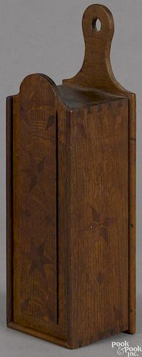 Hanging oak slide lid box, early 19th c., with star inlays, 17 1/4'' h., 4 3/4'' w.