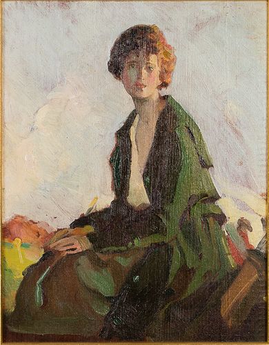 4420110: Possibly Alexander Oscar Levy (NY/OH, 1881-1947),
 Portrait of a Woman in Green, O/B T8KBL
