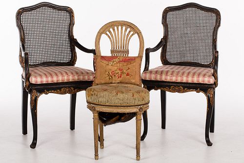 4420111: Pair of Italian Black Painted Caned Open Armchairs and a Side Chair T8KBJ