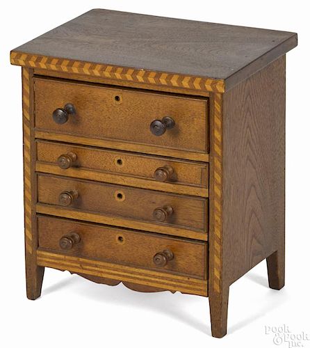 Miniature Federal walnut chest of drawers, dated 1856, purportedly of Wisconsin origin, signed