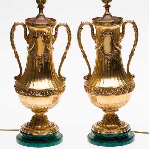 4420115: Pair of Neoclassical Style Gilt-Metal Handled Urns
 Now Mounted as Lamps T8KBJ