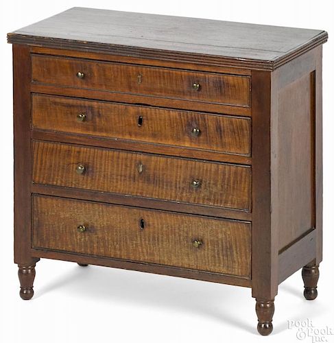 Miniature Pennsylvania Sheraton tiger maple and cherry chest of drawers, ca. 1825, 17 3/4'' h.