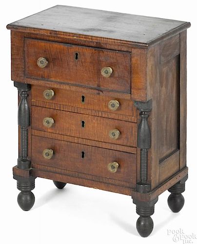 Pennsylvania miniature Sheraton poplar and tiger maple chest of drawers, ca. 1840, 19 1/4'' h.