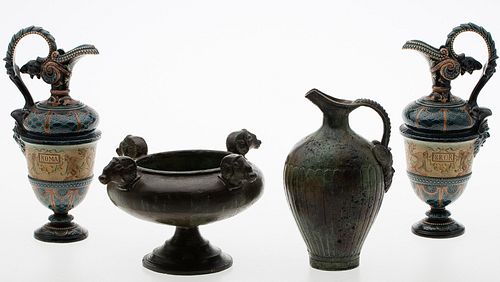 4420132: Pair of Austrian Gerbing and Stephan Majolica Ewers
 and 2 Ancient Style Vessels T8KBL