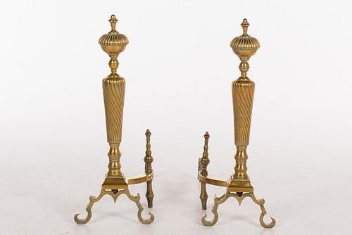 4420153: Pair of Brass Reeded Andirons, 19th Century T8KBJ
