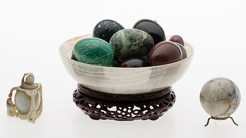 4420161: Stone Bowl with 14 Stone Eggs, 2 spheres and Chinese Hardstone Box T8KBJ
