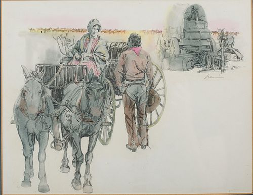 4420198: Illegibly Signed, Illustration of Wagon Scene,
 Watercolor and Pencil on Paper T8KBL
