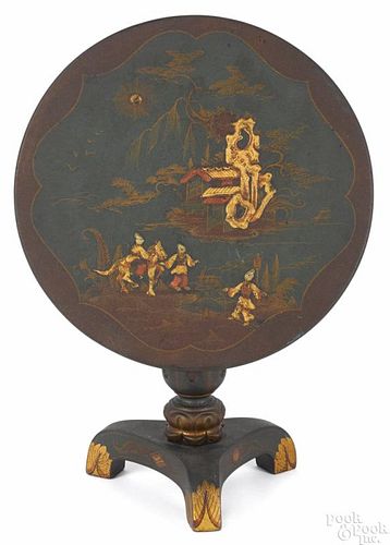 Miniature japanned tea table, 19th c., retaining a pristine decorated surface, 8'' h., 9 1/2'' w.