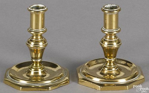 Pair of Dutch bell metal taperstick holders, early 18th c., 3'' h.