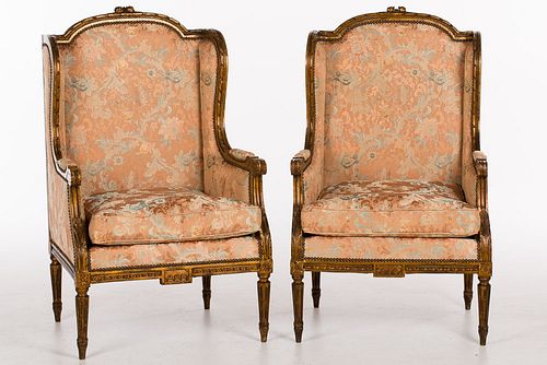 4436359: Pair of Louis XVI Style Giltwood Wing Chairs, 19th Century T8KBJ