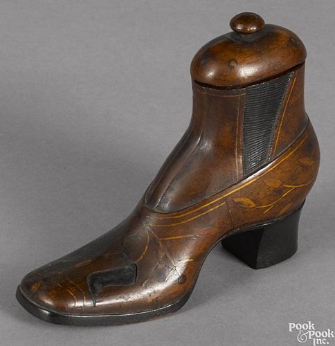 Walnut shoe-form match safe, 19th c., with vine inlay, 4'' h., 5'' w., 1/4'' d.