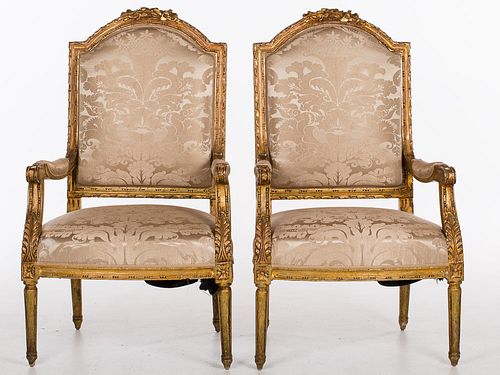 4436389: Pair of Louis XVI Style Giltwood Silk Damask Upholstered
 Armchairs, Late 19th/Early 20th C T8KBJ