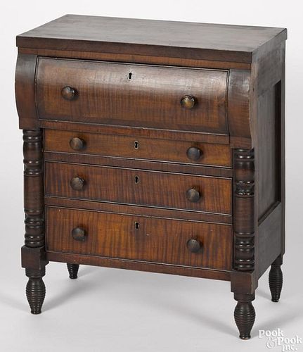 Miniature Pennsylvania Empire tiger maple and cherry chest of drawers, ca. 1840