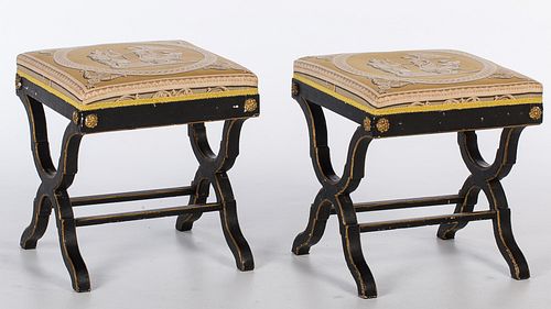4269292: Pair of Neoclassical Style Black Painted X-Form Stools E1REJ