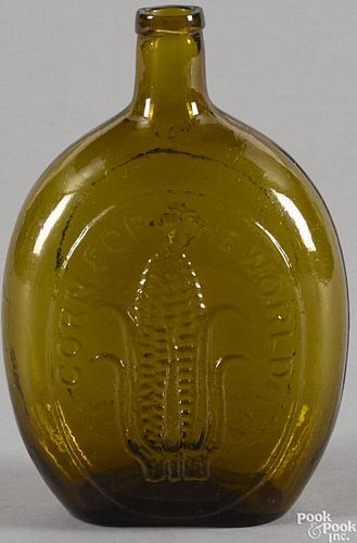 Baltimore Washington Monument amber glass flask, the reverse inscribed Corn for the World