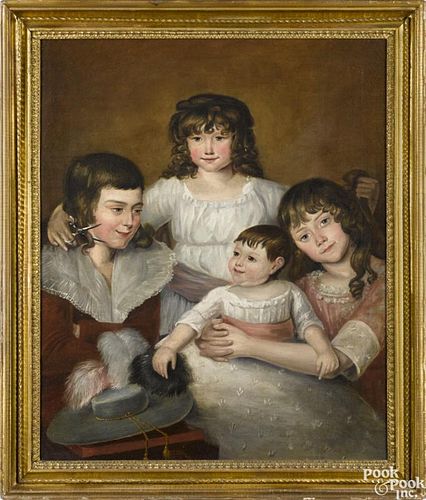 Oil on canvas family portrait, ca. 1850, of four children, the eldest in an amusing pose