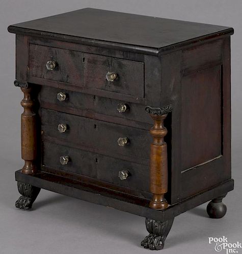 Miniature Pennsylvania Empire mahogany chest of drawers, ca. 1840, with curly maple columns