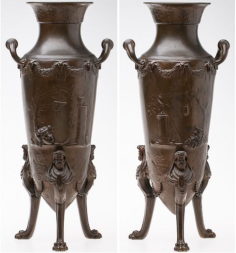 4269327: Pair of Neoclassical Style Bronze Urns, Stamped F. Barbedienne, Paris E1REJ